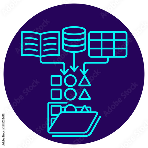 Data Integration Icon. Minimalistic neon outline on a dark blue round background. Vector illustration showing data flowing from multiple sources being transformed and loaded into a single system