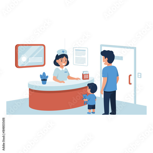 Receptionist Behind Front Desk Assisting Visitor.