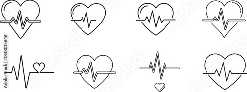Heartbeat and EKG Line Icons – Cardiovascular Health, Medical Monitoring, Fitness Tracker Symbols