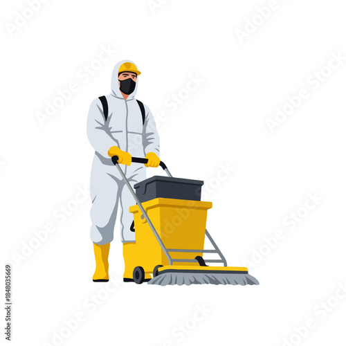 Sanitation worker in protective suit pushing cleaning cart.