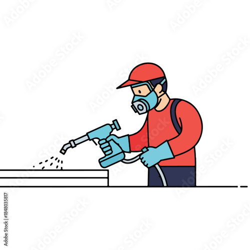 Worker in PPE Spraying Surface with Spray Bottle.