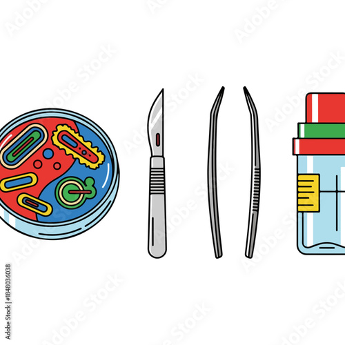 Laboratory tools and petri dish with bacteria sample.