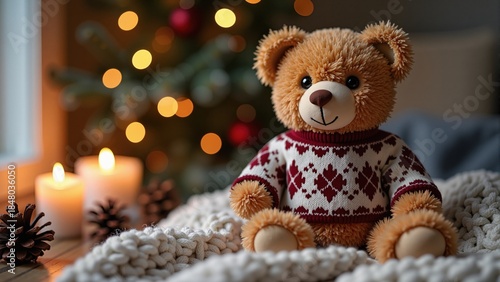 Wallpaper Mural Realistic / semi-realistic style: `A cute Christmas teddy bear hugging a small wrapped present, semi-realistic illustration, rich textures, warm golden and red tones, subtle glow from Christmas tree l Torontodigital.ca