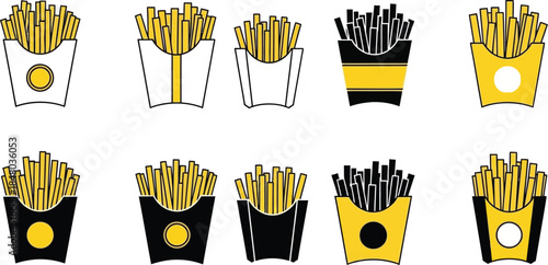 Assorted french fries in paper containers various designs on transparent background