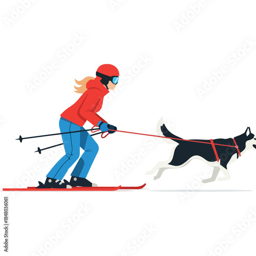 Skier in red jacket skiing with dog on leash.