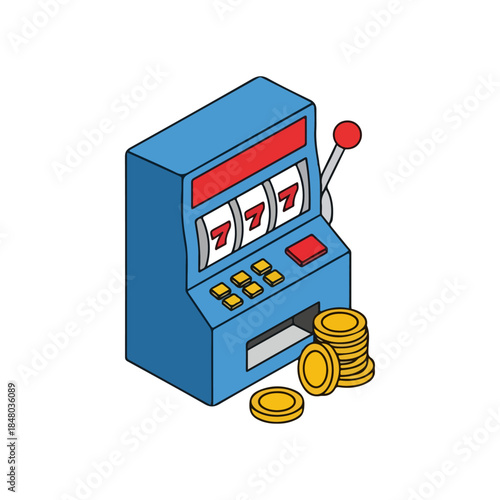Slot machine with spinning reels and coins.