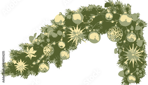 A festive garland with green pine branches and colorful holiday ornaments on a white