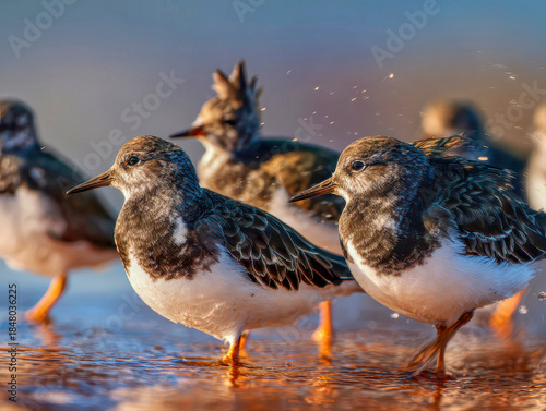 Shorebirds on ocean beach,ruddy turnstones
