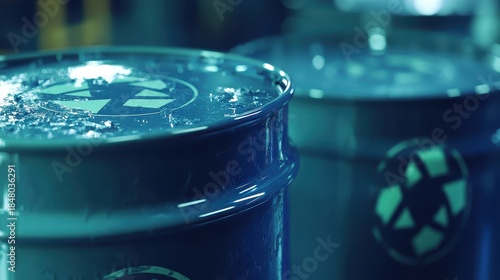 Blue metal barrel with biohazard symbol for hazardous waste containment