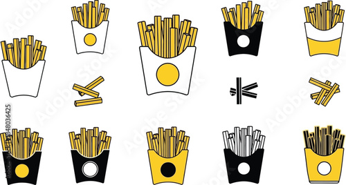 Various french fry containers and piles of fries minimalist vector illustration on transparent background