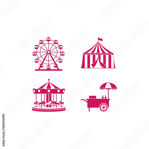 Pink Carnival Rides Silhouettes In Amusement Park.