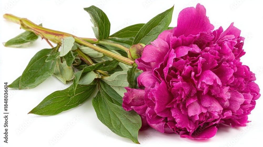 Obraz premium Fresh Pink Peony Bloom with Green Leaves and Stem on White
