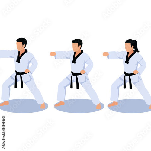 Three martial artists execute synchronized front kicks.