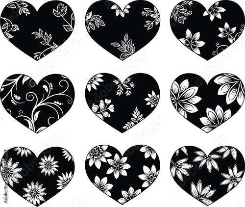 Beautiful black hearts with floral patterns