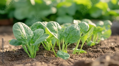 Fresh spinach leaves growing in organic garden sunlight