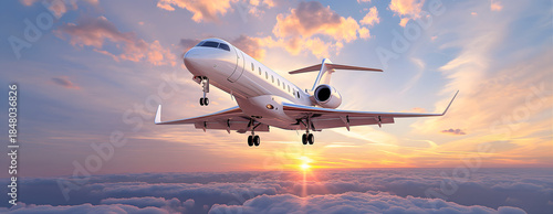 Passenger jet soaring over sea of clouds during sunset, fluffy cloud blanket below aircraft, backlit airplane, stunning twilight colors, professional travel photography.
