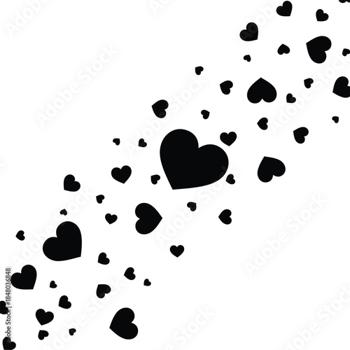 Black hearts floating on white background