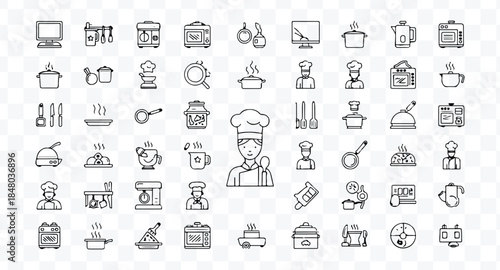 Set of 80 outline icons related to food and drink. Linear icon collection. Editable stroke. Vector illustration