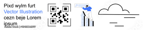 Technology, digital tools, QR code use, search optimization, cloud connectivity, minimalism. A QR code, person searching data line art cloud graphic. Technology and digital tools concepts