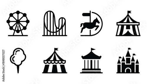 Flat Design Carnival Icons Set: Rides, Games, and Attractions Vector Illustration