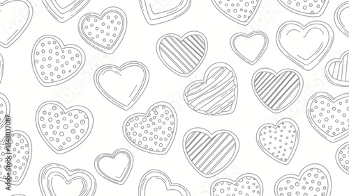 Seamless Pattern of Hand-Drawn Heart Shapes with Varied Designs and Textures for Romantic or