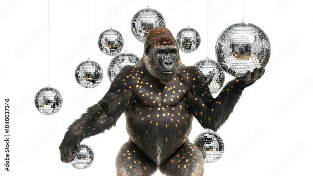 Fototapeta premium Gorilla with Mirrored Disco Ball on White Background