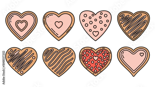 Set of creative illustrated heart cookies with various decorations in pastel shades and playful