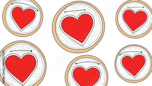 Set of adorable heart-shaped cookies with bright red centers surrounded by a golden-brown crust