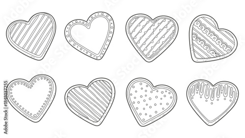 Set of eight decorative heart-shaped cookie illustrations with various patterns and textures for