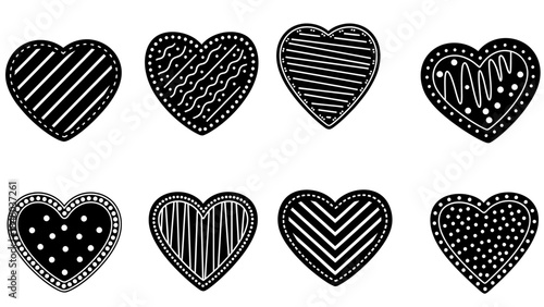 Set of eight black and white hand-drawn heart shapes with various striped and dotted patterns for