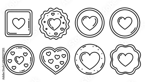 Set of Eight Simple Black and White Heart Icons with Various Shapes and Styles for User Interface