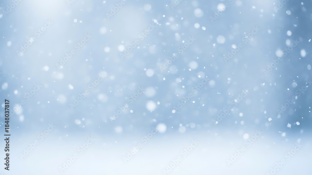 Fototapeta premium Gentle Snowfall Over a Winter Landscape with Soft Blue Hues and Blurred Snowflakes, Perfect for Holiday, Seasonal, or Cold Weather Themes