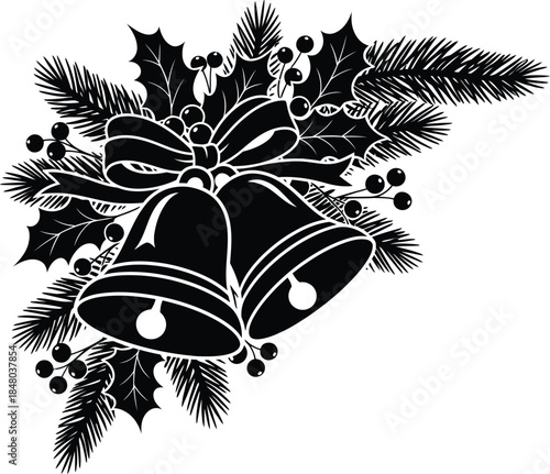 Black and white of two Christmas bells with holly leaves and pine branches