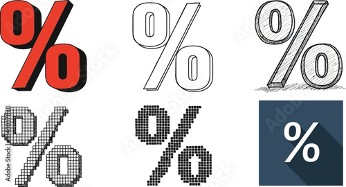 Three dimensional percent signs in varying styles on transparent background