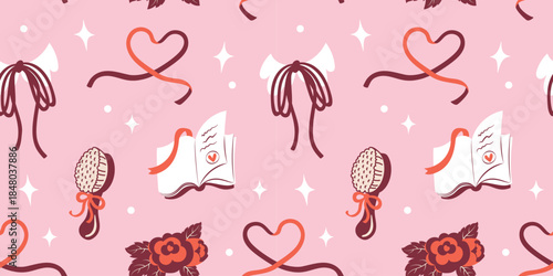 Seamless coquette pattern with bows and cute vintage accessories. Elegant feminine bg for girly Valentine’s wallpapers and wrapping paper.
