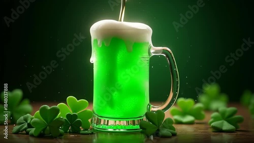 Glowing green beer in tall glass with creamy foam surrounded by shamrocks and golden sparkles on dark emerald background, concept of saint patricks day, pub celebrations, irish festivals