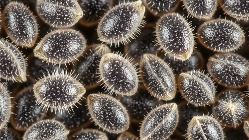 Extreme close-up of chia seeds, showing their tiny, spiky texture and dark color, ideal for health food marketing and ingredient visuals.