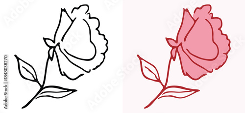 Romantic hand drawn rose illustration with heart shaped petals. Hand drawn vector set in line art and pink colors, ideal for wedding stationary, floral stickers, and feminine branding.