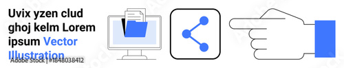 Data sharing, digital networking, online collaboration, file organization, team communication, technology. Folder icon with computer and sharing symbol next to pointing hand. Data sharing and digital