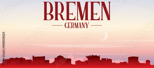 Red panoramic poster of the city skyline with misty background buildings, sunrise, moon and clouds of BREMEN, GERMANY