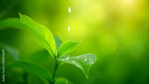Fresh green leaf with morning dew drops in soft sunlight against blurred natural green background with significant empty space, concept of eco friendly products, wellness spa, organic skincare