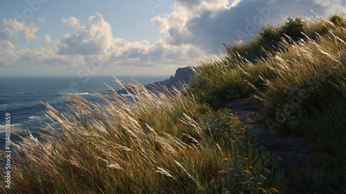 A coastal landscape with high grass blowing in the wind, a panoramic view of the ocean and the cloudy sky. 