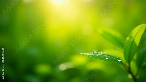 Fresh green leaf with morning dew drops in soft sunlight against blurred natural green background with significant empty space, concept of eco friendly products, wellness spa, organic skincare