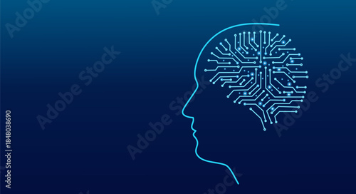 Concept of artificial intelligence, human head profile, brain with digital circuit, symbol of technological innovation, neural network graph, machine learning, intelligent technology of the future