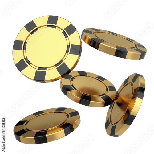 Golden poker chips falling in air on Transparent background