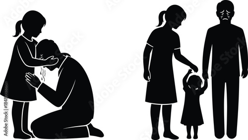 Child comforting adult icon set, black silhouette illustration of emotional support and intergenerational empathy concept graphic