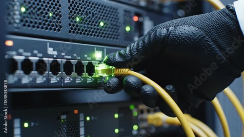 In a modern server room, a gloved hand expertly connects yellow cables to powerful networking equipment. Bright green lights glow, indicating successful connections and data flow.