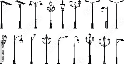 Assortment of street lamp and lamppost silhouettes on white background Keywords: street lamp, lamppost, light, lighting, outdoor