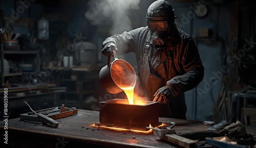 worker in a black protective suit and gloves pours molten metal from a large ladle into a mold on a dark workshop table, created with generative ai