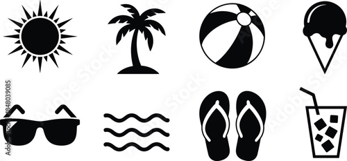 Black and White Icons Representing Summer Beach Vacation Elements Keywords: summer, beach, vacation, sun, palm tree, beach ball